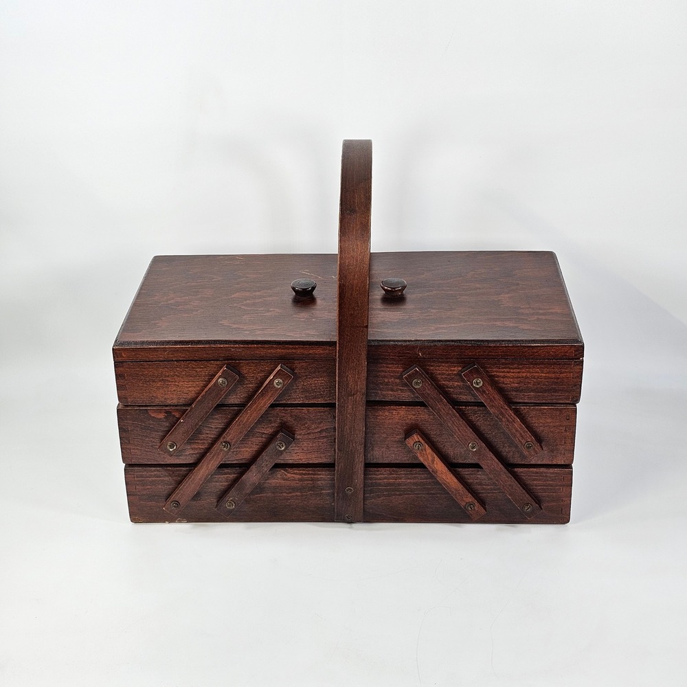 Vintage Wood Cantilever Sewing Box Accordion 3 Tier Storage Chest Dark Brown